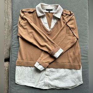 Adrianna Papell Women's V-Neck Sweater in Camel Brown with White Shirt Hem